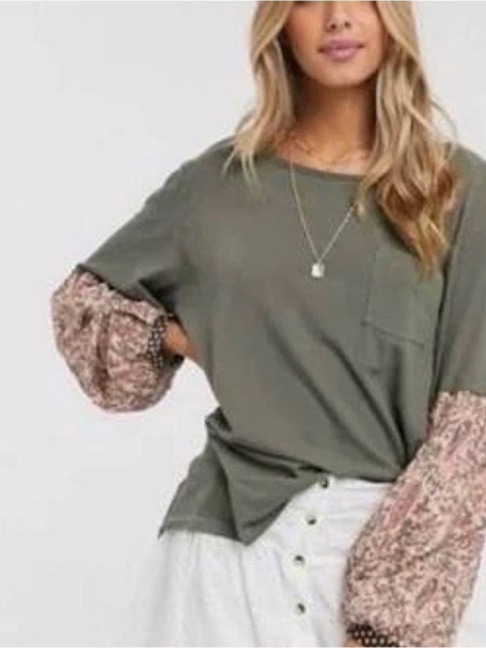 Free People Jade Long Sleeve
Contrast Print Top Olive Green Med